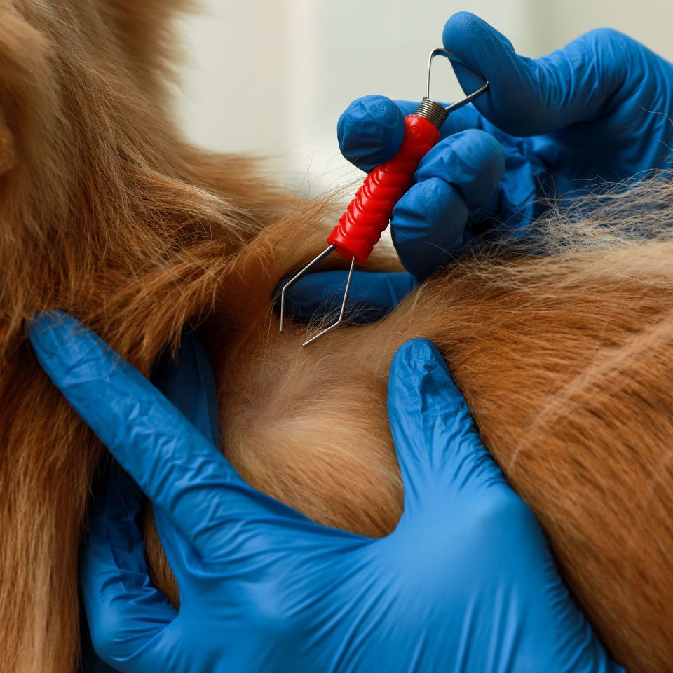 closeup of veterinarian using tweezers to remove ticks from dog's body